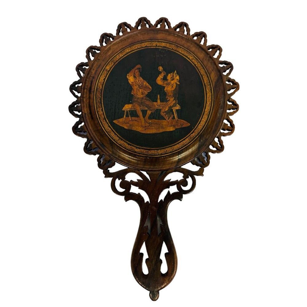 Antique Italian Inlaid On Both Sides Hand-Carved Parquetry Mirror